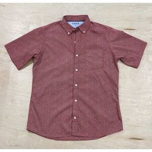 IZOD Men Button Up Shirt Size M Leaf Print Short Sleeve Red